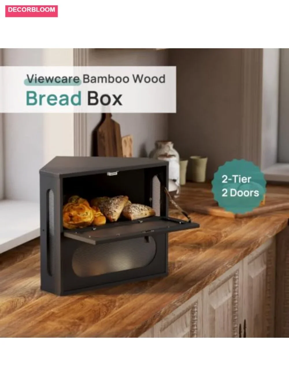 Bamboo Corner Bread Box with Acrylic Door, Large Dual-Tier Kitchen Storage